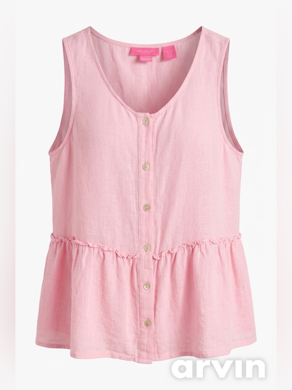 Isaac Mizrahi Pink 100% Linen Sleeveless Button Down Peplum Babydoll Top - Sz XS